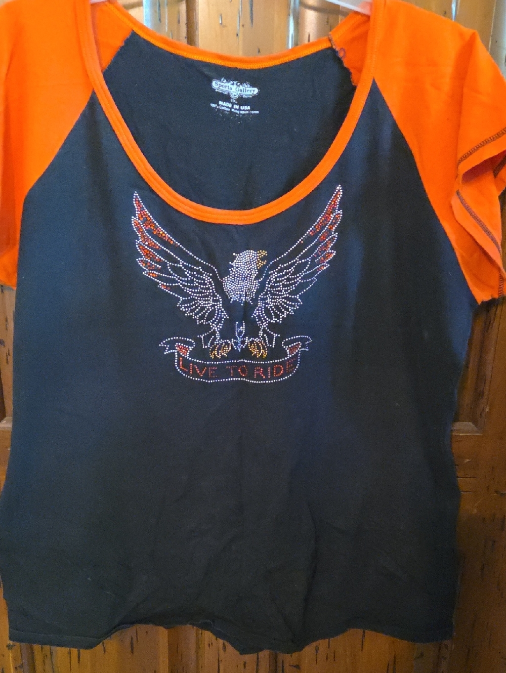 Rhinestone Eagle "Live to Ride" Raglan Tee - Black & Orange 2w